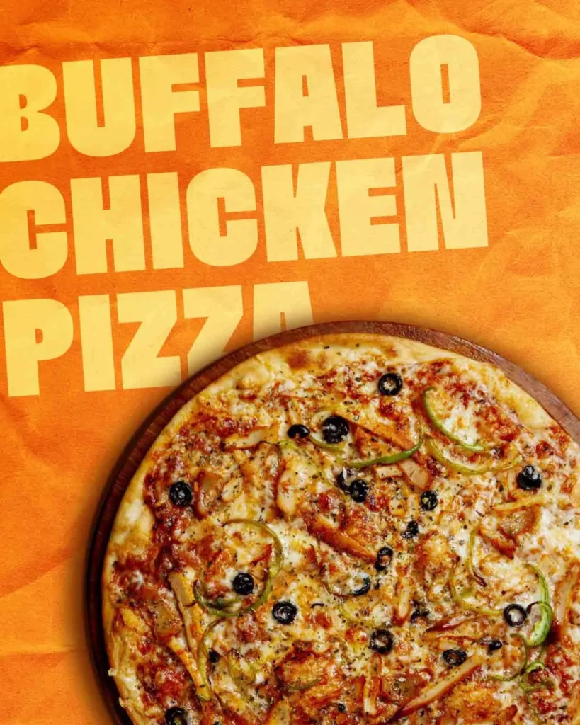 Buffalo chicken pizza topped with spicy chicken, mozzarella cheese, and buffalo sauce.