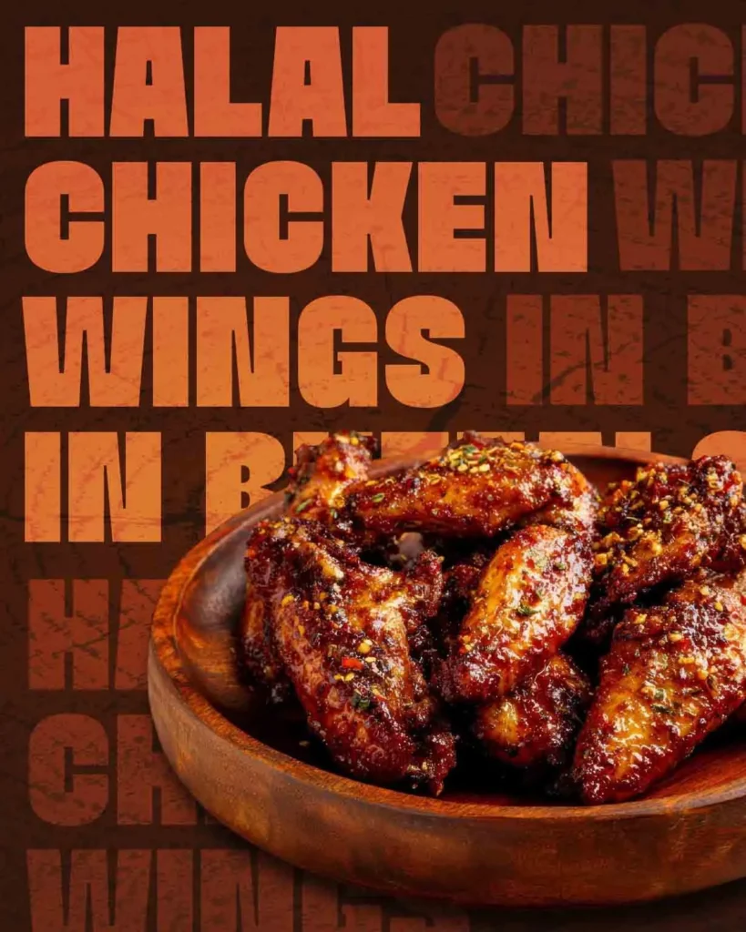 Crispy halal chicken wings coated in spicy buffalo sauce and served fresh.
