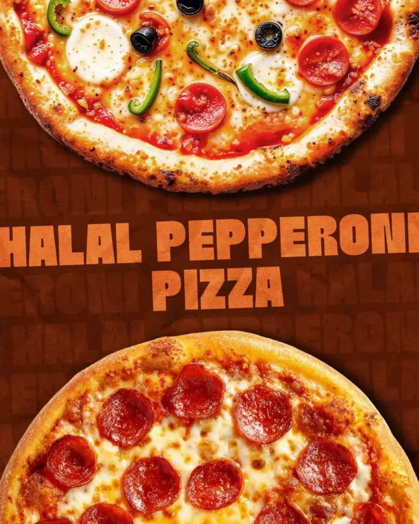Halal pepperoni pizza topped with melted mozzarella cheese and premium halal pepperoni slices.