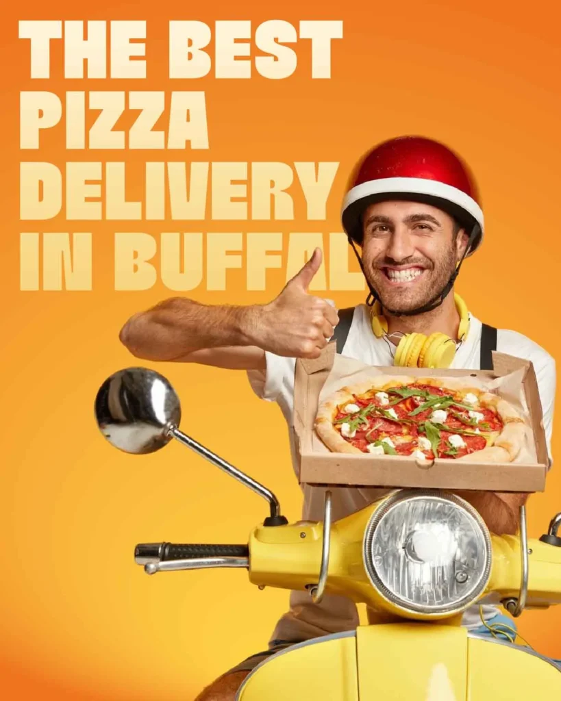 Fresh pizza delivered to a customer's home by a pizza delivery driver in Buffalo.