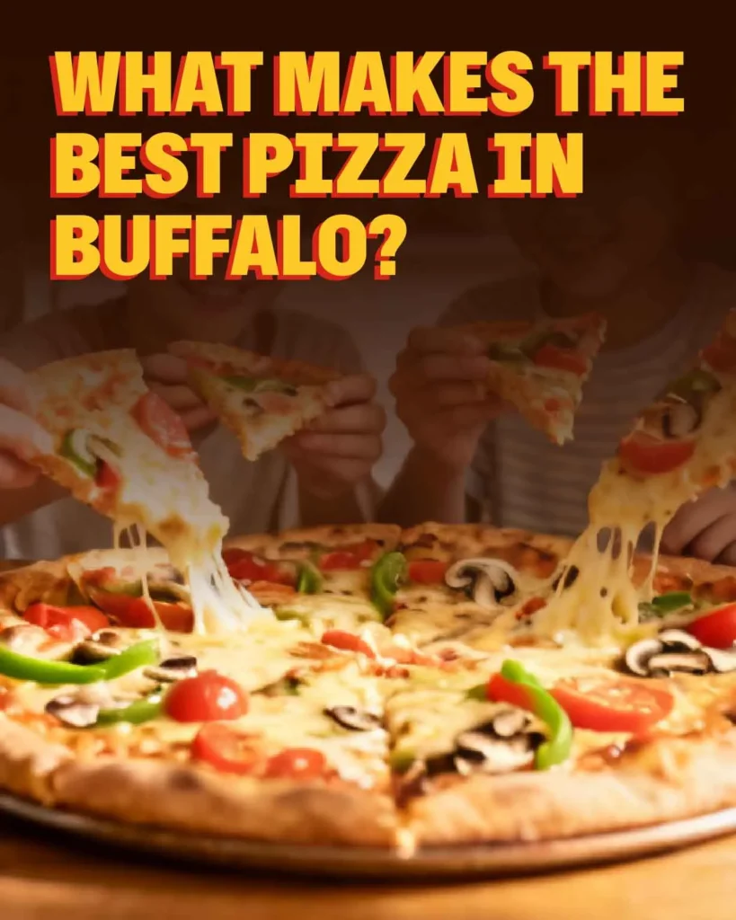 Freshly baked Buffalo-style pizza topped with melted cheese, premium toppings, and a crispy crust.
