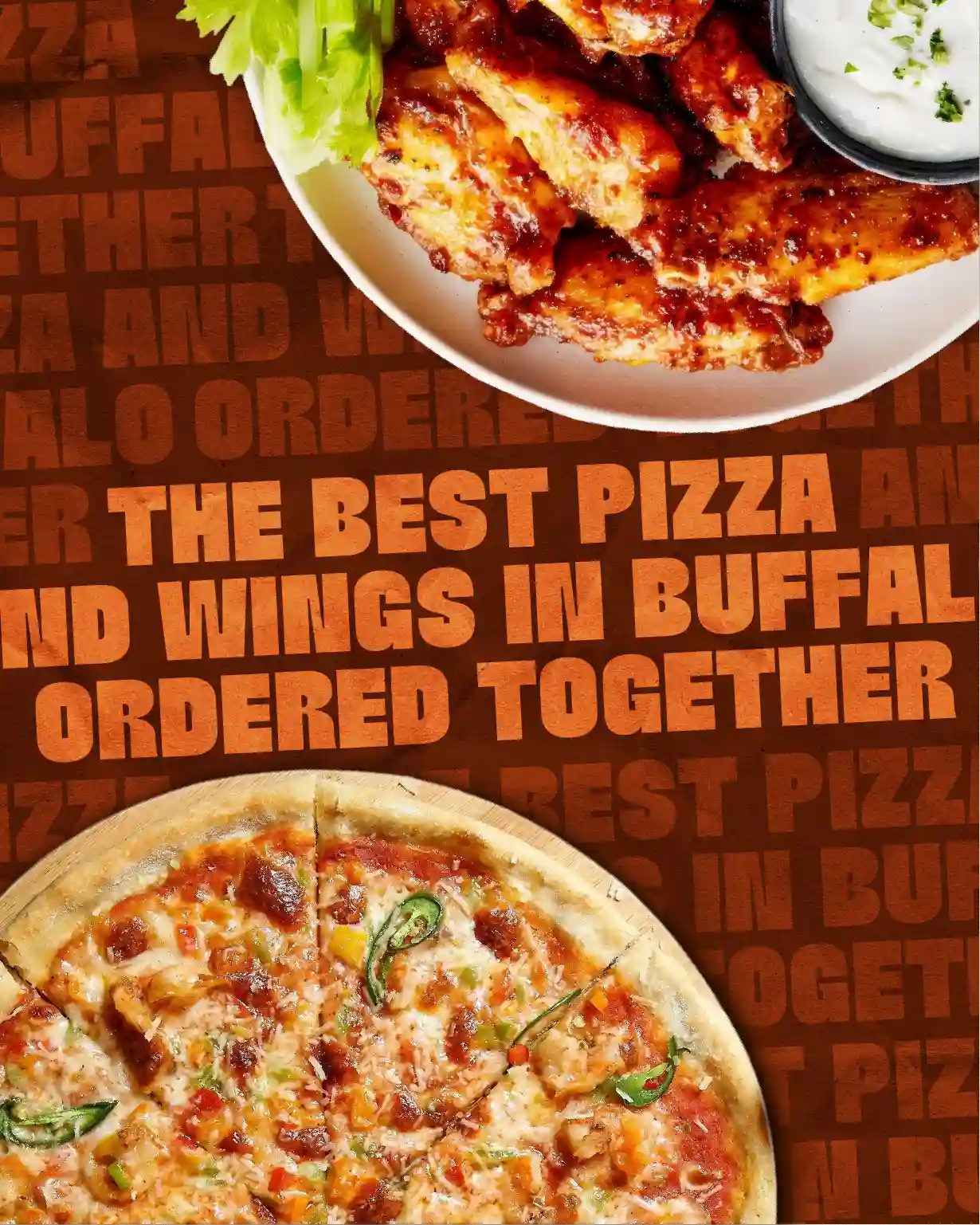 Fresh Buffalo pizza and crispy chicken wings served together as a complete meal.