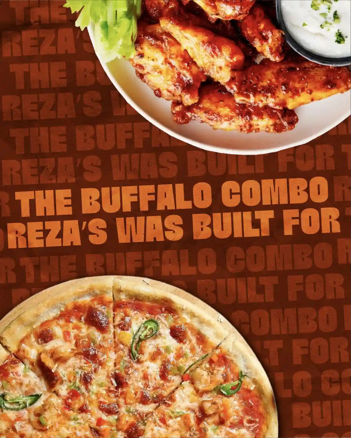 Reza’s pizza and Buffalo wings combo served together
