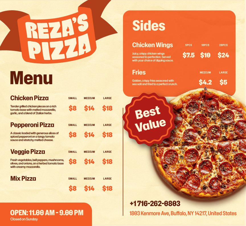Explore Reza's Pizza menu featuring halal pizzas, wings and more. Order fresh favorites in Buffalo, NY.