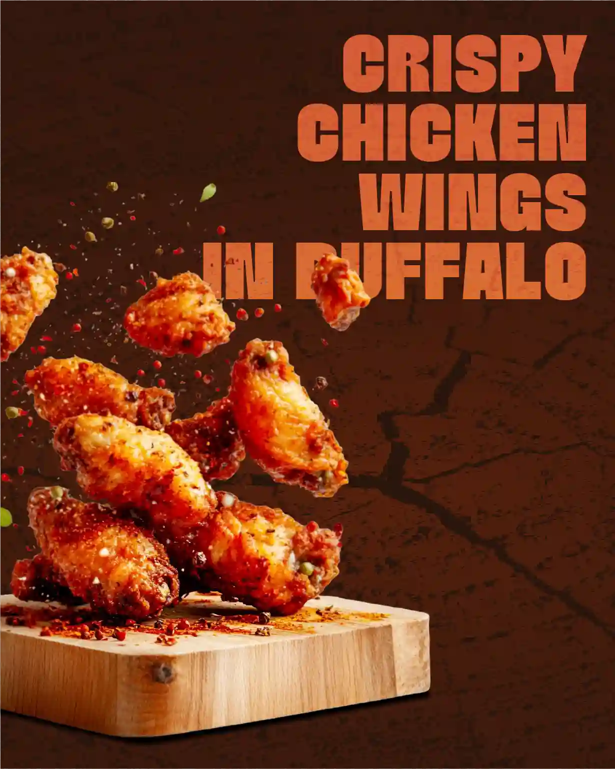Crispy buffalo chicken wings seasoned with spices on a wooden serving board.
